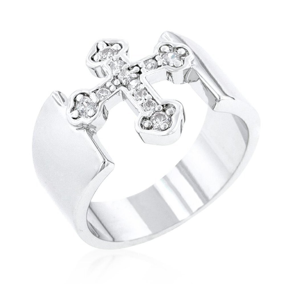 Divine Christian Open Band Cz Clear Cross Silver Brass Ring